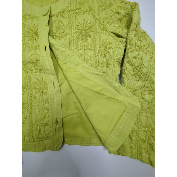 Chico's Green Embroidered Cotton Lightweight Jacket Floral Cardigan Size 2 (Med) - Picture 5 of 6